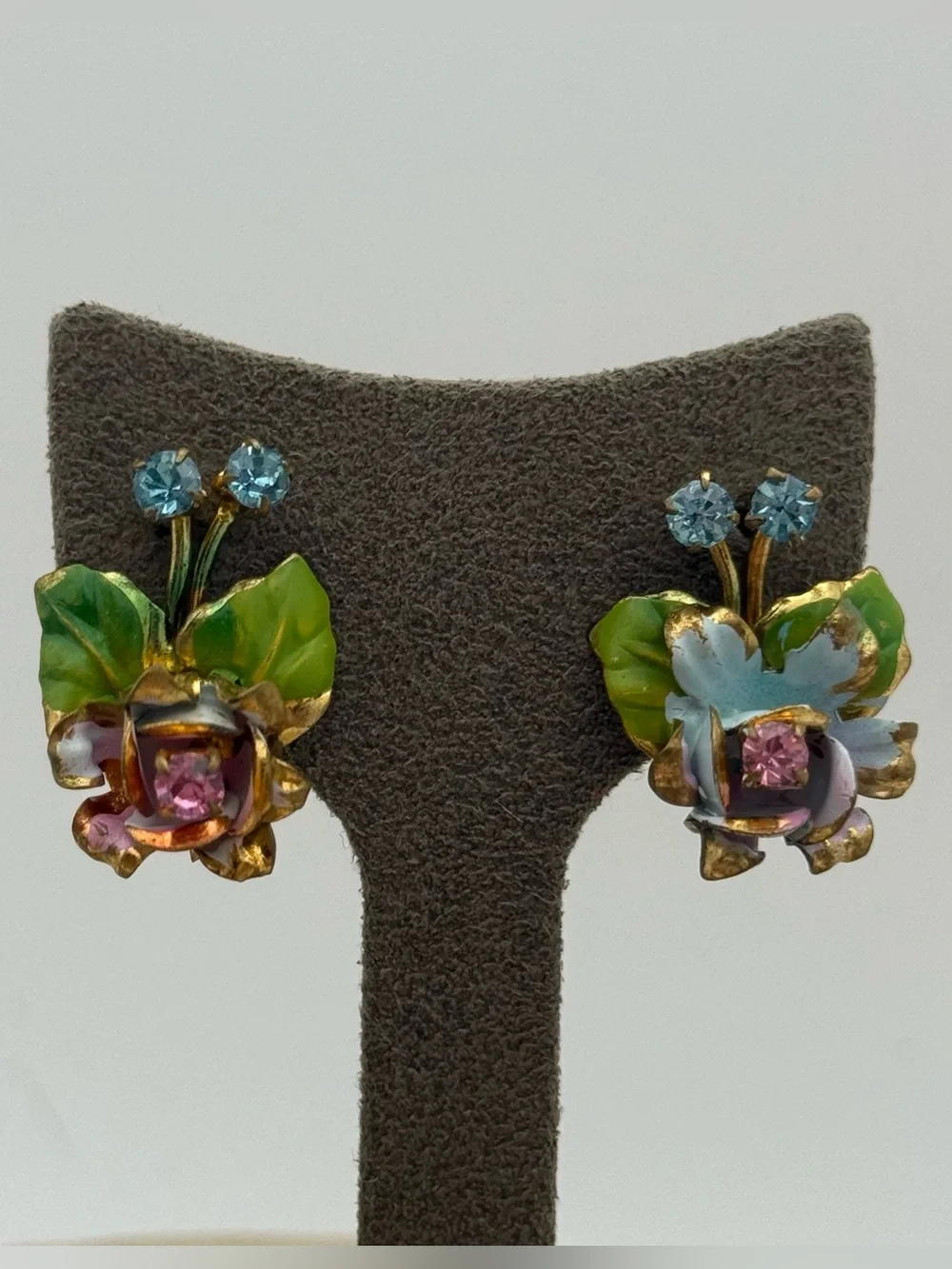 Vintage made in Austria Floral Enamel and Crystal Clip-On Earrings - Pink & Blue